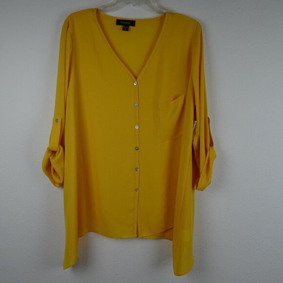 Karen Kane Tunic Top Women's Plus Size 1X Yellow Roll Tab Sleeve Flowy Office - Picture 1 of 11